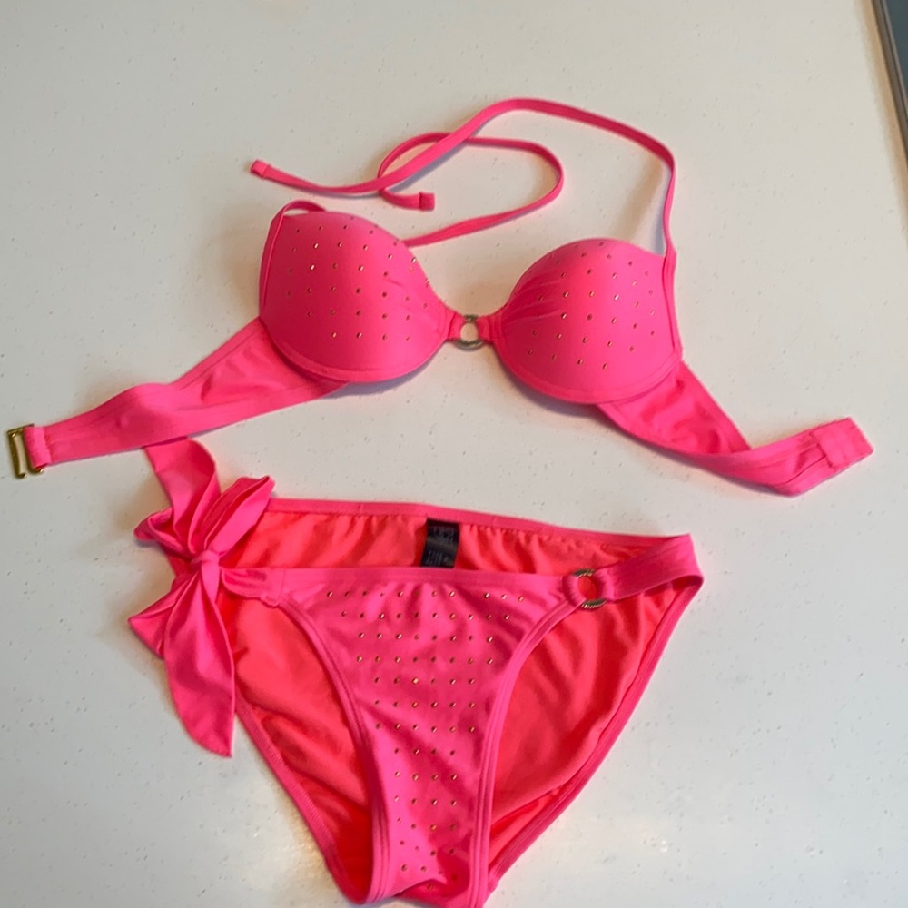 Smart & Sexy Neon Pink Gold Side Tie Bikini Swimsuit Set Size M 36B - Picture 2 of 8